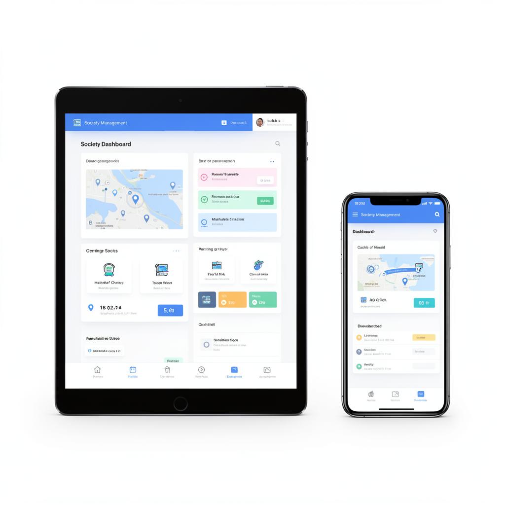 Society management app dashboard on tablet and phone
